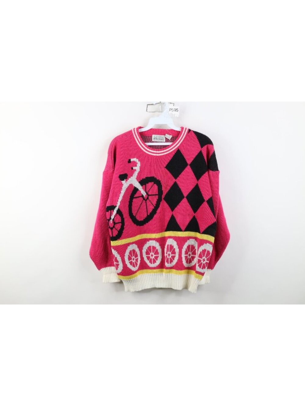 Vintage 90s Streetwear Womens Medium Abstract Bicycle Cycling Knit Sweater Pink
